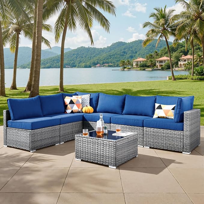 ovios Outdoor 7 Piece Coversation Set with Coffee Table,Sectional Patio Furniture Set with All-Weather Wicker Sofa,Modern Outside Couch for Balcony Backyard Pool, Beige