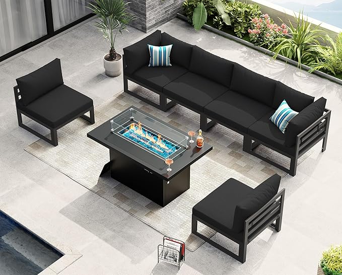 NICESOUL 7 Pcs Aluminum Black Outdoor Sectional with Firepit, All Weather Patio Furniture Set with Deep Seat, Contemporary L-Shaped Modular Large Conversation Set for Garden Poolside, Seats 6, Black