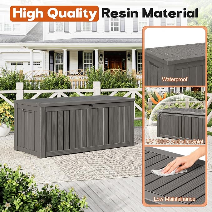 Outdoor Storage Box, Resin Deck Boxes Indoor and outdoor, Waterproof Storage Box Lockable Lid (Grey,150 Gallon)