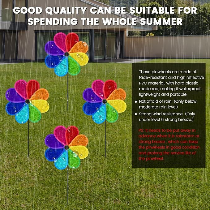 4 PCS 11.4" W x 28" H Reflective Pinwheels Sparkly Lawn Wind Spinners Colorful Rainbow Windmill for Garden Decoration Bird Devices Deterrent to Scare Birds Away（Multicolor）