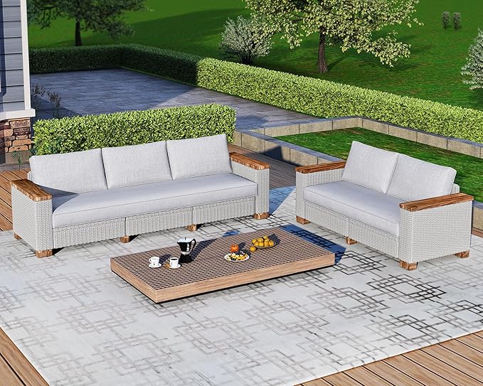 5-Piece Patio Furniture Sets, Wicker Sofa Set with 5.9" Wider Solid Wood Armrest, Outdoor Conversation Set with Wood Legs, Patio Sectional Set for Backyards, Porch, Poolside, Garden