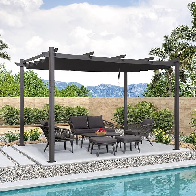 PURPLE LEAF 10' X 13' Outdoor Retractable Pergola with Sun Shade Canopy Patio Metal Shelter for Porch Garden Beach Pavilion Grill Gazebo Modern Yard Grape Trellis Pergola, Gray