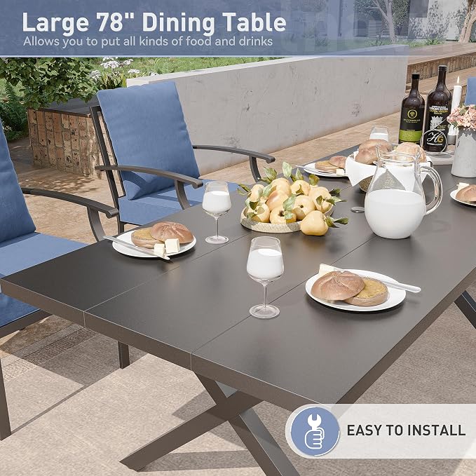 Kurapika 9 Pieces Patio Dining Set Outdoor Furniture with 8 Swivel Chairs, Metal Patio Furniture Set 8 Chairs and Large Table with Umbrella Cutout for Yard Porch Deck, Navy Blue