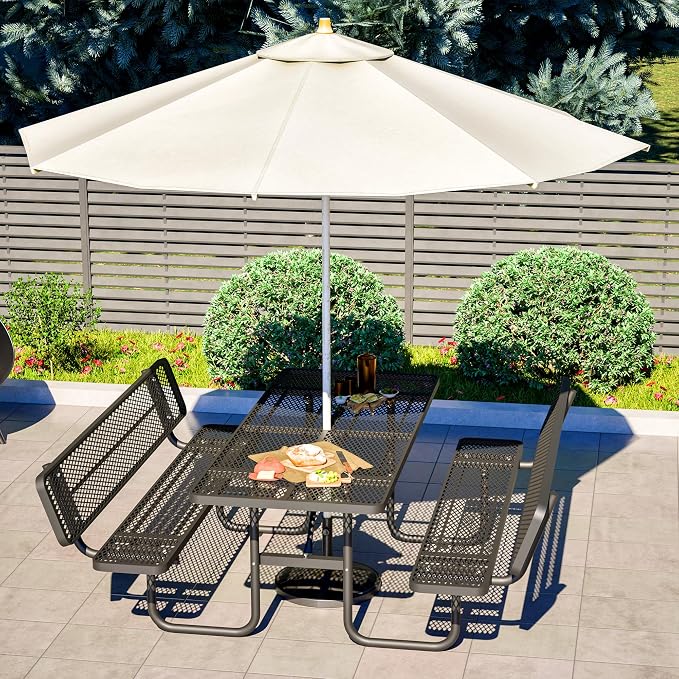 72" Heavy-Duty Iron Mesh Picnic Table Set with Backrest Black | 1.73'' Umbrella Hole, Commercial-Grade Outdoor Table for Patio, Garden or Park–Rust-Resistant, Heat-Proof, All-Season Use