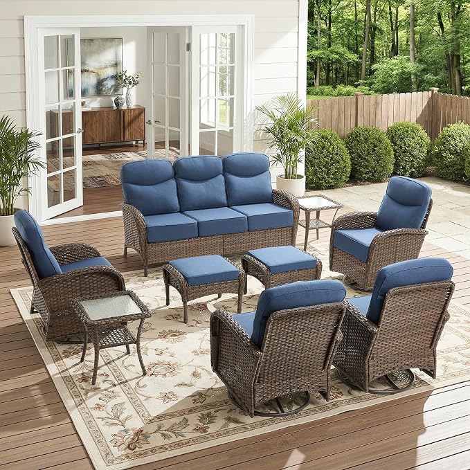 9-Piece Patio Furniture Set with Upgraded 6" Thick Cushion - High Back Outdoor Swivel Rocker Chairs Set of 2 with 3-Seater Sofa,Ottomans,Wicker Outdoor Conversation Set for Deck, Porch, Yard, Poolside