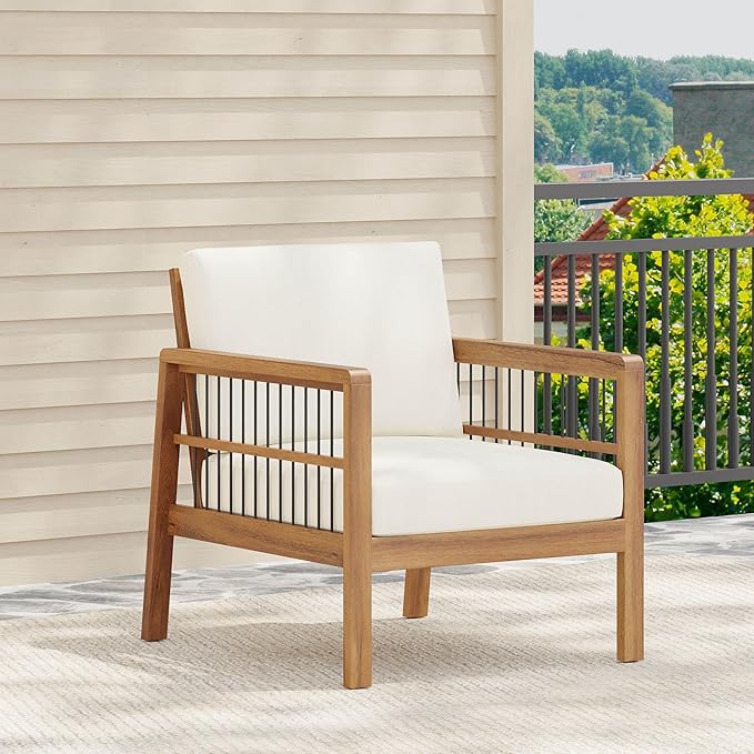 Merax Outdoor Patio Club Chair,Acacia Wood Frame Conversation Set with Wicker for Porch Backyard,Classic Style