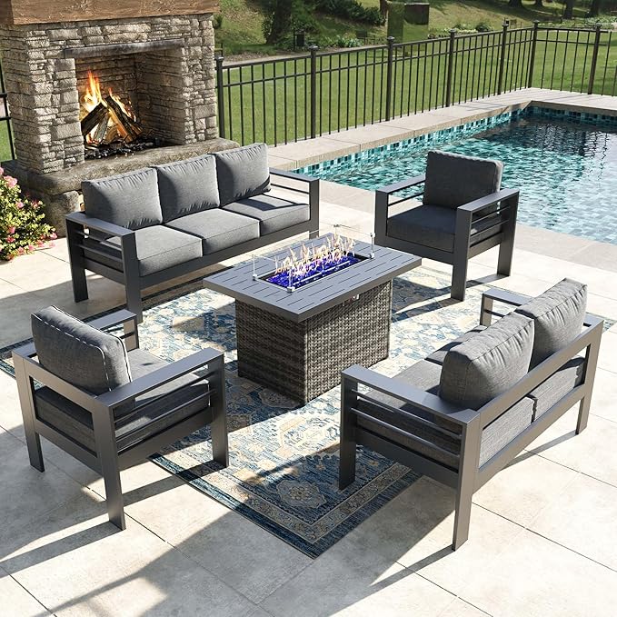 5 Pieces Modern Aluminum Patio Furniture Set with Fire Pit Table, Outdoor Conversation Sets Metal Sectional Sofa