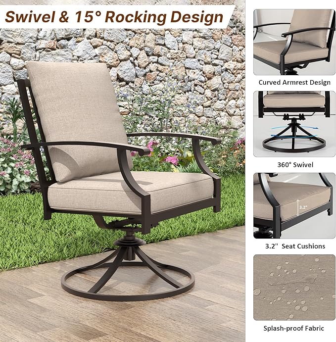 ALAULM 9-Piece Patio Dining Table and Chairs for 8 Outdoor Dining Set with 2 Swivel Chairs Patio Dining Sets with Rectangular Metal Table with Umbrella Hole for Patio, Backyard, Garden-Sand