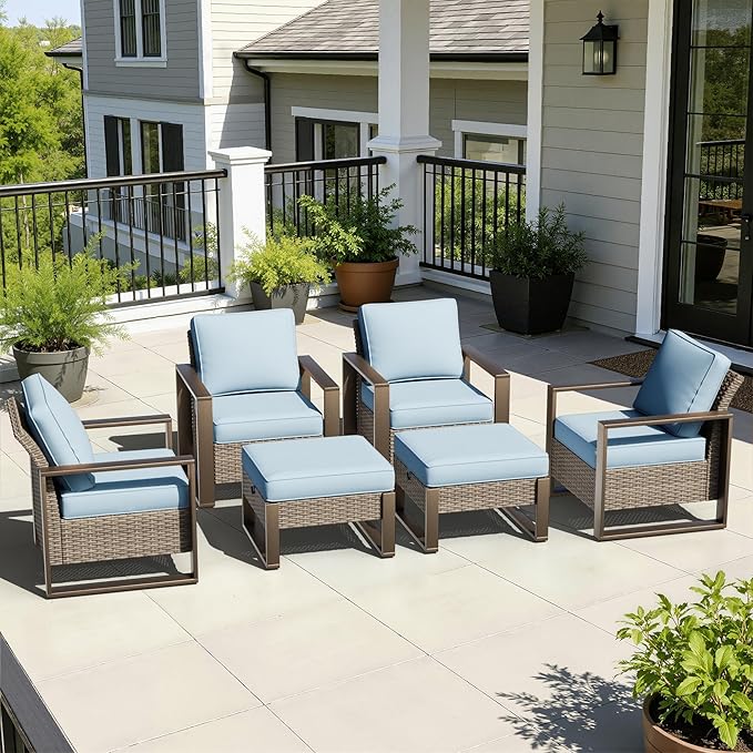 6 Pieces Metal Wicker Patio Furniture Set - Four Armchairs and Two Ottomans, All Weather Rattan Outdoor Conversation Furniture with Washable Cushion for Deck Porch, Baby Blue
