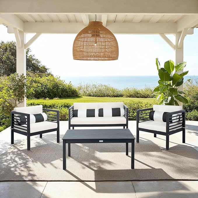 SAFAVIEH Outdoor Collection Alda Black/ Beige Cushions/ Striped Bolster Pillows 4-Piece Conversation Patio Set