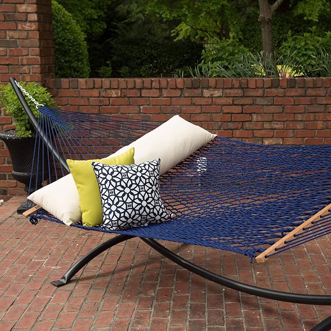 Hatteras Hammocks Large Navy DuraCord Rope Hammock – 13 ft. x 55 in., 2-Person, 450 lb Capacity, Cumaru Spreader Bar, Zinc-Plated Hardware – Handcrafted in The USA