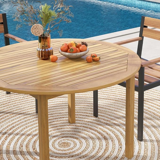 SlickBlue Round Patio Dining Table for 4, Acacia Wood, Indoor and Outdoor Use