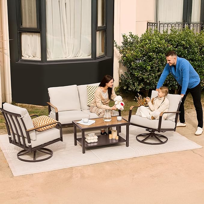 NATURAL EXPRESSIONS 4 Pieces Patio Furniture Sets,Modern Metal Outdoor Conversation Sofa Sets with High Back Swivel Rocking Chairs,Loveseat,Double-Deck Wooden-Grain Metal Table, 6" Cushions Beige