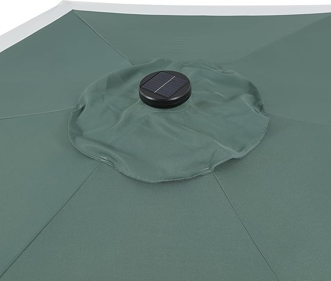 JONATHAN Y Spencer 9 ft. Solar Powered LED Patio Umbrella with Crank and Tilt, Hexagon Outdoor Market Sunshade for Garden, Deck and Pool, Green/White, Dark Brown Pole UMB1100E