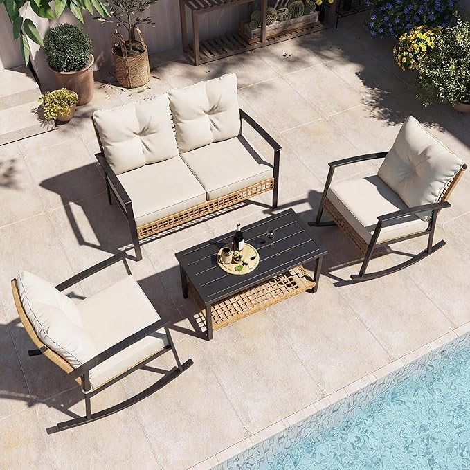 LAUSAINT HOME 4-Piece Patio Conversation Set, Comfortable Oversized Outdoor Furniture Set with Rocking Chairs and Storage Coffee Table for Backyard, Porch, Garden and Poolside