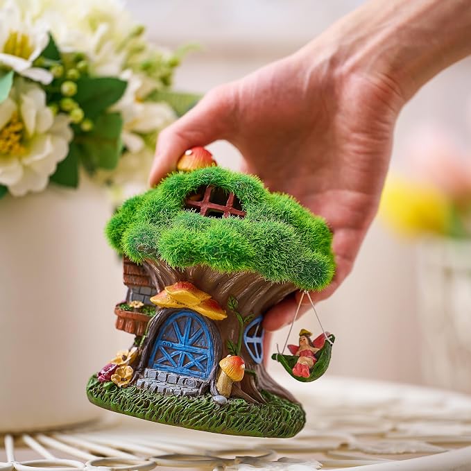 TERESA'S COLLECTIONS Fairy House Outdoor Statues with Solar Light for Garden Decor, Green Moss Resin Outdoor Cottage with Swinging Fairy, Lawn Ornaments Yard Decor Gifts for Mom Women, 5.1"
