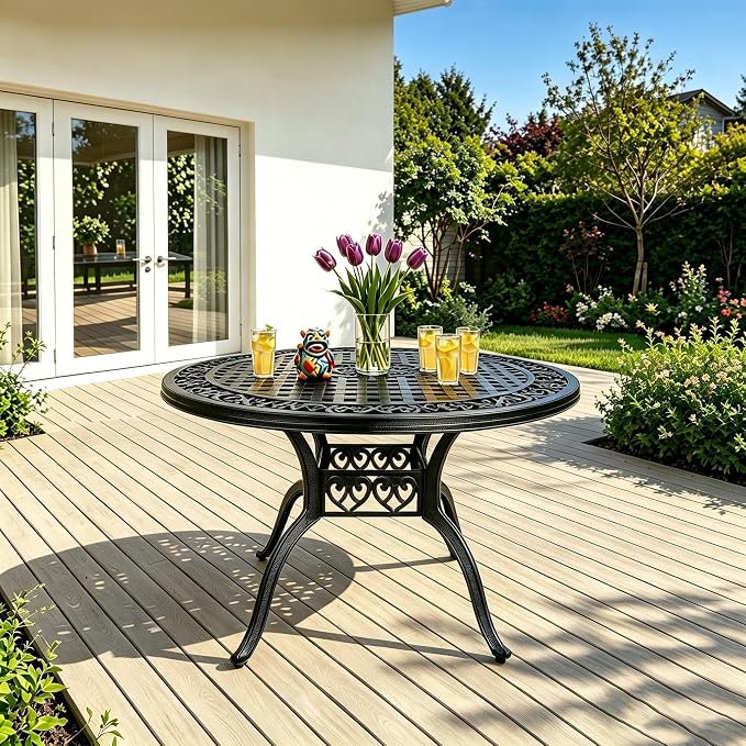 48" Cast Aluminum Outdoor Dining Table,Dining Conversation Side Table, Patio Bistro Table with 2.36" Umbrella Hole for Backyard, Garden, Patio, Porch