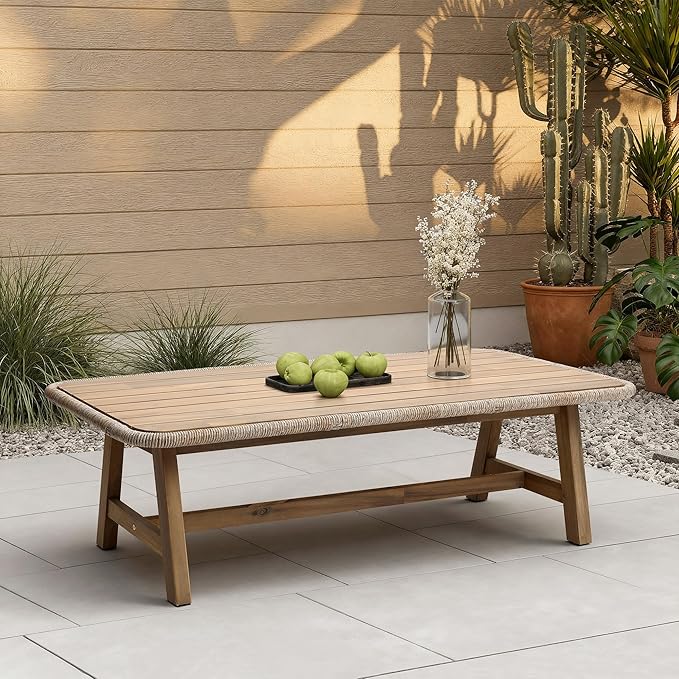 LuxenHome 47" Outdoor Coffee Table for Patio, Acacia Wood Patio Table with Woven Trim, Rectangular Outdoor Table for Patio, Balcony, and Porch