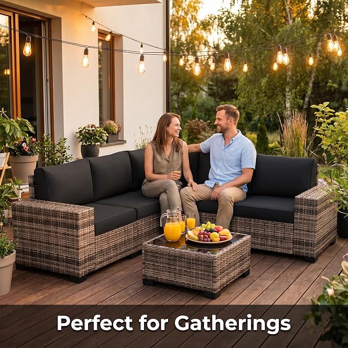 UDPATIO Patio Furniture Set L-Shaped, 8" Width Armrest Sectional Set, Al Weather PE Rattan Conversation Furniture with High Density Cushions and Coffee Table for Outdoor Backyard Porch Black