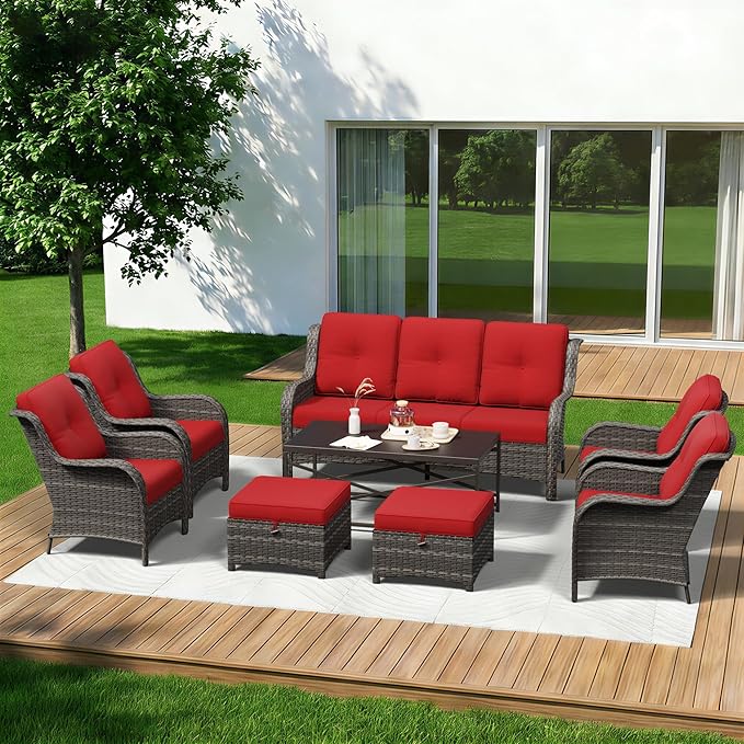 8 Piece Outdoor Wicker Patio Furniture Set, Patio Chairs Set with Thickened Olefin Cushions, High Back and Deep Seating, Hand-Woven PE Rattan, Ottoman for Porch, Deck