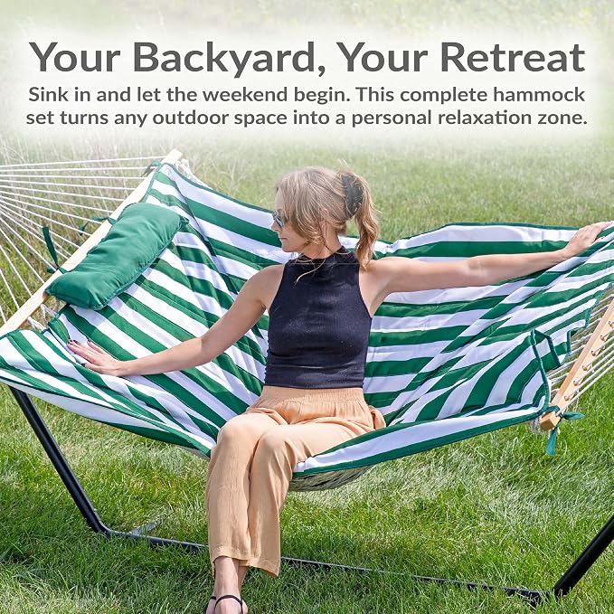 Sunnydaze Rope Double Hammock with Stand for Outside - Heavy Duty Freestanding Portable Outdoor Hammock Set with Quilted Pad, Pillow, and 12-Foot Steel Frame - 450 lb Capacity - Green & White Stripe