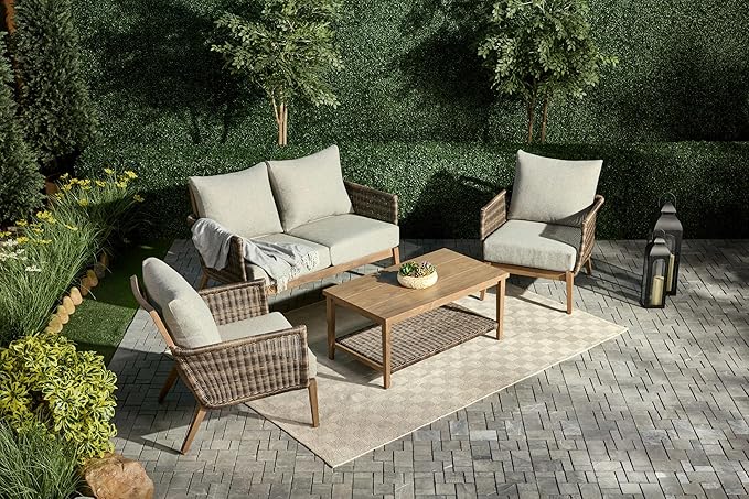 4-Piece Wicker Steel Outdoor Conversation Set, Patio Furniture Set with Coffee Table and Removable Grey Cushions, Modern Sectional Sofa for Backyard, Garden & Lawn