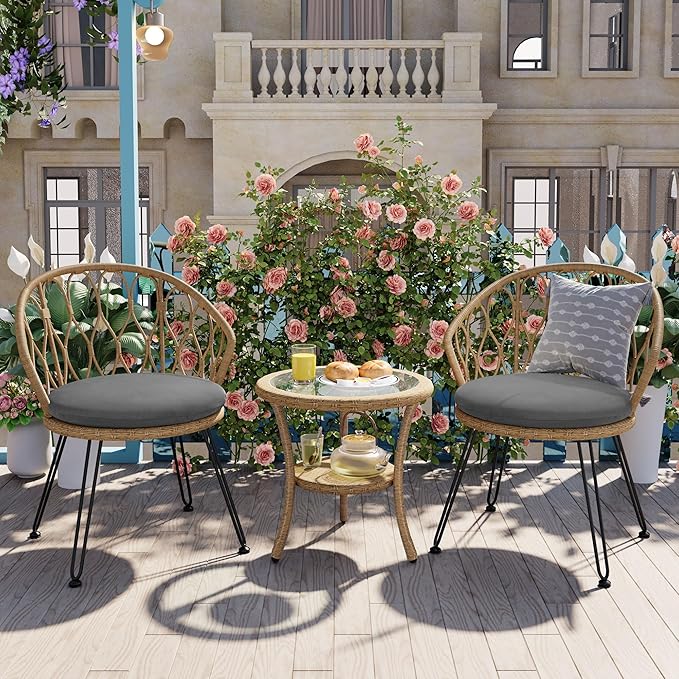 Montary 3 - Piece Outdoor Leisure Set,2 Stylish Hand - Woven Rattan Single Chairs & a Sturdy Tempered Glass Round Table - Ideal for Relaxing on Balconies and Courtyards,Natural & Grey