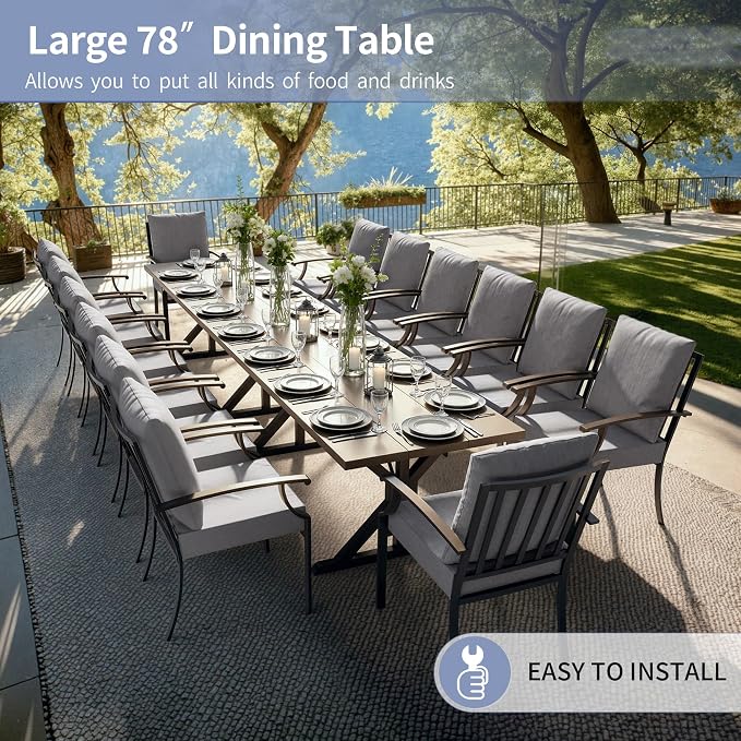 Kullavik 16 Pieces Outdoor Dining Set,Patio Dining Table and Chairs Set for 14,Fence Pattern Back Chairs with Thickened Cushions & X-Frame Metal Dining Table with Umbrella Hole for Patio,Grey