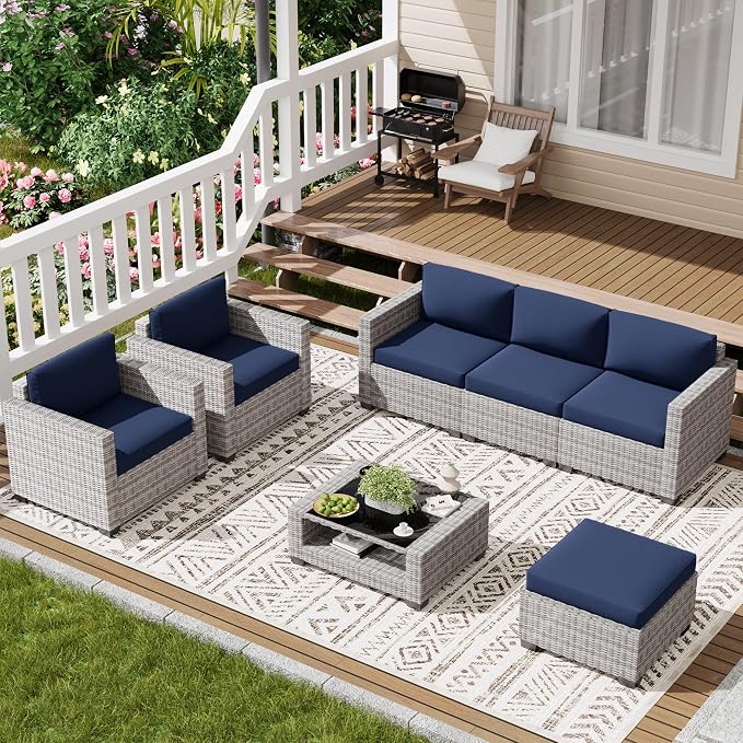 LOUVIXA 7 Piece Outdoor Patio Furniture Set, Rattan Chairs Glass Table Wicker Conversation Seating Sectional Sofa with Cushions (Grey White-Navy, 7Pcs-2 Layer Coffee Table)