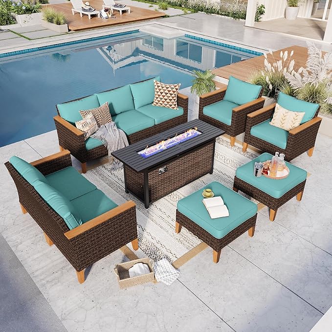 GREEN PARTY 9 Pieces Wicker Patio Furniture Set with 56" Fire Pit Table, All-Weather Outdoor Rattan Patio Sectional Sofa Conversation Set 9 Seats with 4" Thick Cushions for Garden, Backyard (Blue)