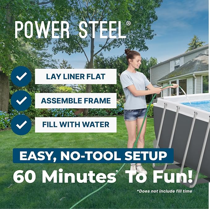 Bestway Power Steel 18’ x 9' x 48” Above Ground Pool, Rectangular Metal Frame Outdoor Swimming Pool Set with Filter Pump, Ladder, and Cover