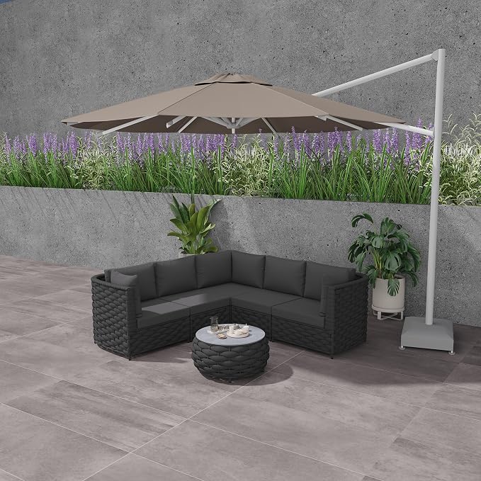 TWT 6-Piece Modular Outdoor Sectional Sofa Set, 5-Seater Woven Rope Patio Conversation Set with Coffee Table, Water-Resistant Cushions, for Backyard Balcony Deck,Dark Gray