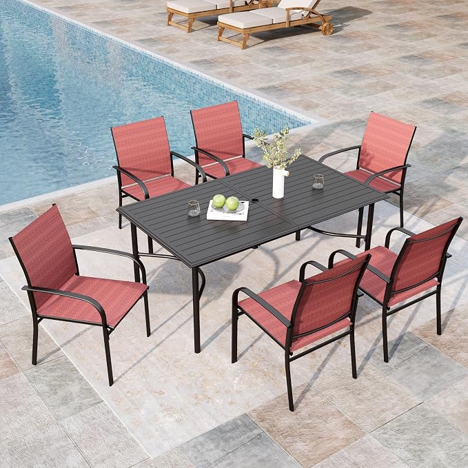 MIXPATIO 7-Piece Outdoor Dining Set 6 Red Textilene Chairs and Steel Rectangle Table with 1.97” Umbrella Hole for Deck Garden Backyard Lawn Poolside