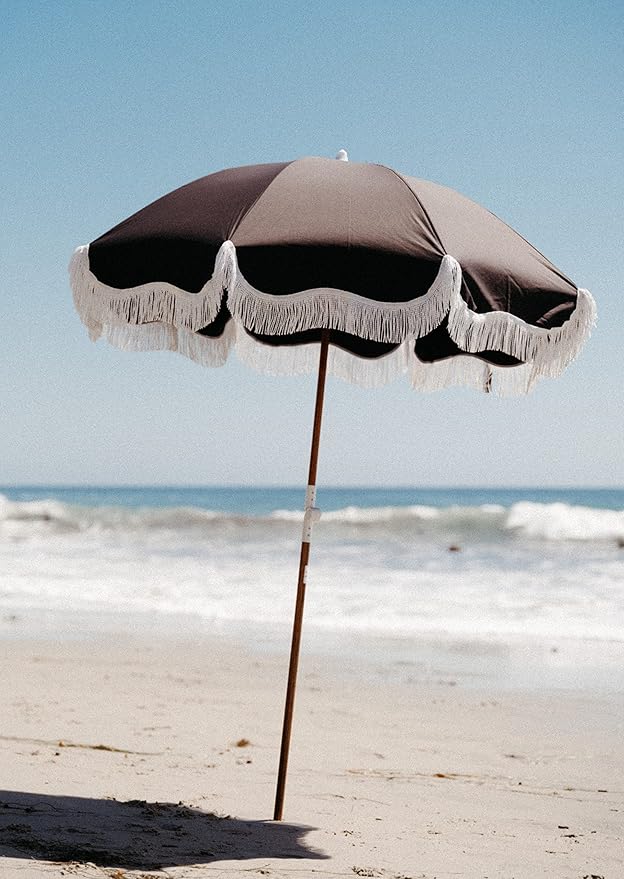 Business & Pleasure Co. Holiday Umbrella - Boho Beach Umbrella with White Fringe, UPF 50+, 1" Tilting Wood Pole, 5’ x 6.5’, Vintage Black