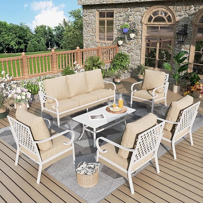 6 Piece Patio Furniture Set, 4 x Fixed Chair, 1 x 3-Seat Sofa with Marbling Coffee Table, All Cushioned 7 Seats Outdoor Conversation Set for Lawn Garden Backyard, Beige