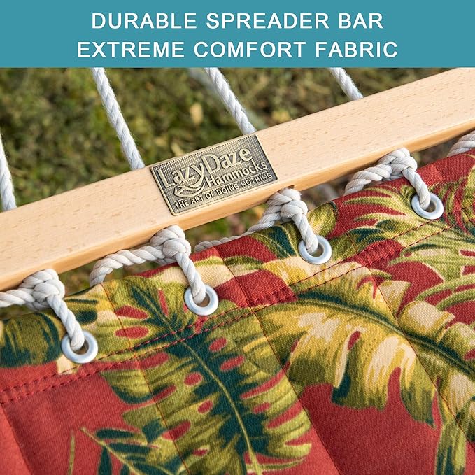 Lazy Daze Hammocks 12FT Quilted Fabric Hammock with Soft Pillow, Double 2 Person Tree Hammock with Spreader Bar for Outside Patio Poolside Backyard Beach, 450 lbs Capacity, Red Leaf