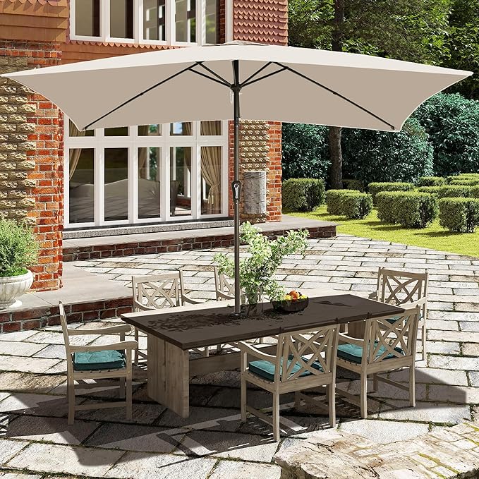 Ayge 6.5x10FT Rectangular Patio Umbrella Outdoor Table Umbrella w/Push Button Tilt & Crank Rectangle Market Umbrella UV Protection for Garden,Deck,Lawn,Yard & Pool,White