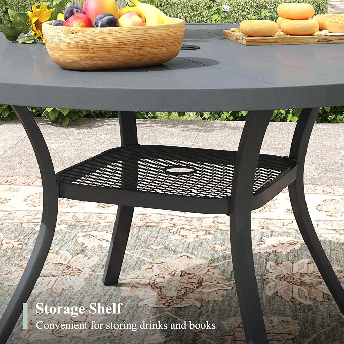 Outdoor Dining Set for 4, 40.6" Metal Round Outdoor Dining Table with Umbrella Hole and Sling Patio Swivel Chairs, 5 Pieces Patio Table and Chairs Set for Garden Backyard, Grey and Dark Grey