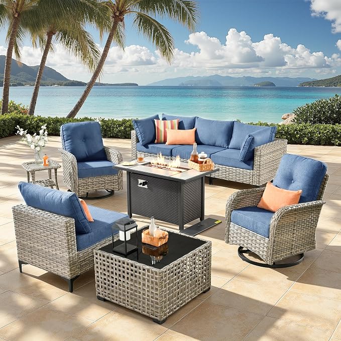 9-Piece Outdoor Patio Furniture Set with Fire Pit Table, Outdoor Conversation Wicker Sofa with Swivel Chairs, Rattan Couch with Coffee Table for Deck, Backyard, Poolside (Blue)