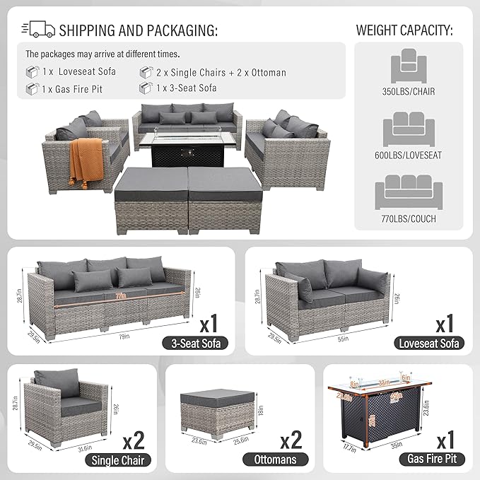 WAROOM Patio Furniture Set 7 Piece Grey Wicker Outdoor Conversation Sets PE Rattan Sectional Sofa with Large Fire Pit Table and Anti-Slip Grey Cushion