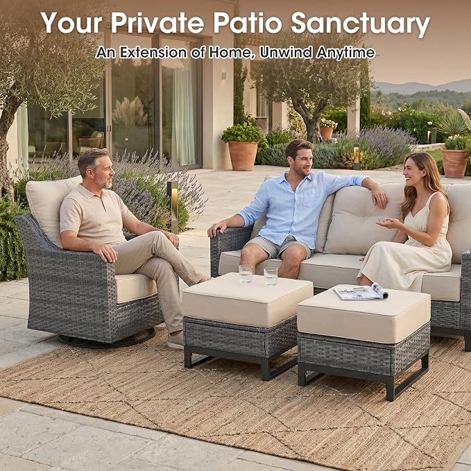 12 Piece Patio Furniture Set, Grey Wicker Outdoor Conversation Set with 4 Swivel Rocker Chairs, 4 Ottomans, 2 Sofas and 2 Side Tables, 6-Inch Thick Cushions, Beige Covers for Porch, Deck