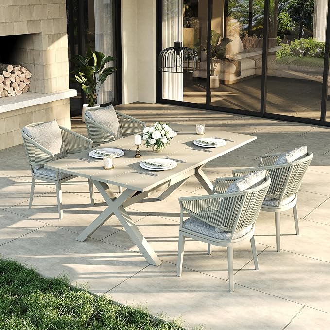 LayinSun 5 Piece Outdoor Dining Table Set, Aluminum Modern Rectangular Dining Table and All-Weather Wicker Chairs Set for Patio Deck Indoor Decor Kitchen