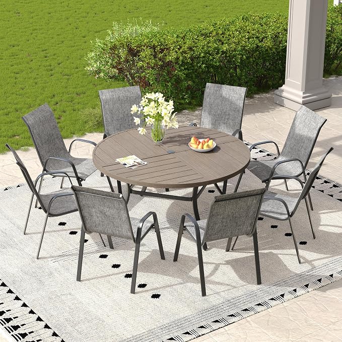 9 Pieces Outdoor Dining Set, 53.1" Spliced Patio Table with Umbrella Hole & Stackable Outdoor Dining Chairs, Patio Furniture Set for Deck Garden Porch, Grey Chairs & Grey Table
