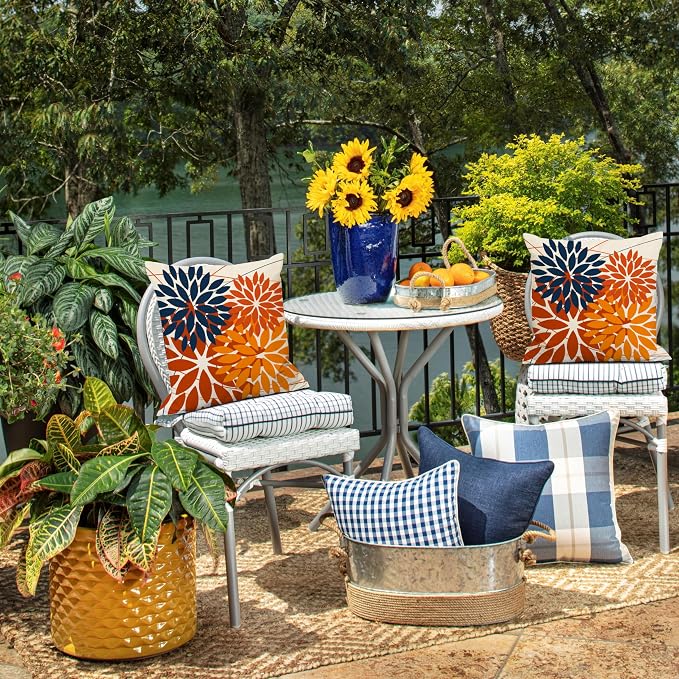 DFXSZ Pack of 2 Outdoor Waterproof Throw Pillow Covers 16x16 Blue Orange | Polyester Spring Summer Fall Floral Decorative Cushion Cases(NO INSERT),For Couch Patio Funiture Garden Home Decor