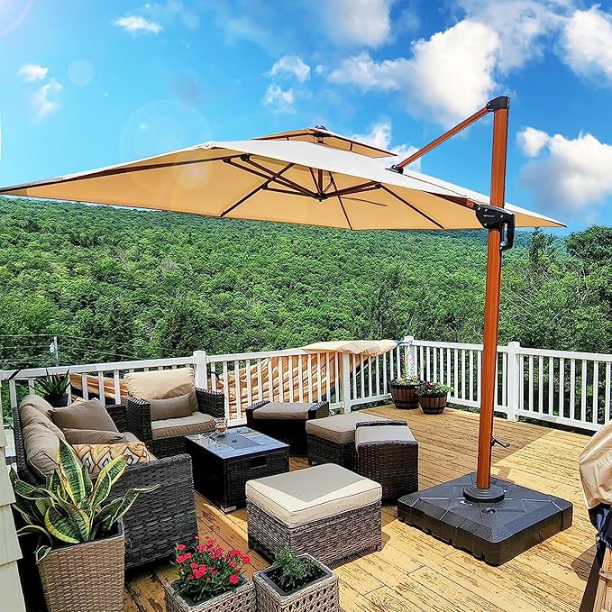 PURPLE LEAF 9' X 12' Double Top Deluxe Wood Pattern Rectangle Patio Umbrella Offset Hanging Umbrella Outdoor Market Umbrella Garden Umbrella, Beige