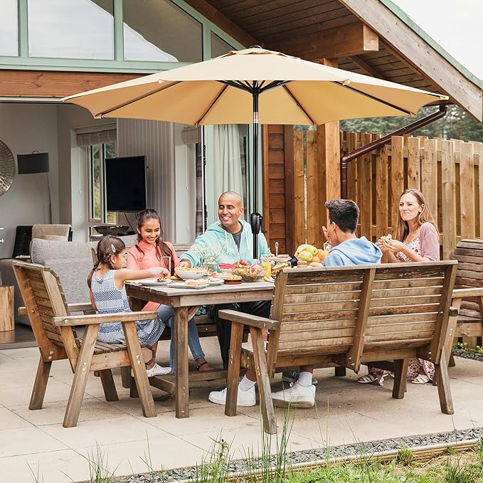 Sun-Ray 9' Round Patio Umbrella with Push-Button Tilt and Hand Crank Lift System, Market Umbrella for Porch, Deck, and Patio