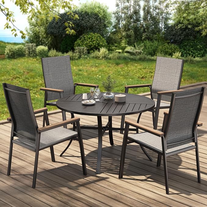 PHI VILLA Round Outdoor Dining Set for 4 with Aluminum Chairs, Grey | Stackbale chairs, Breathable & quick-drying sling, Light-weight & space-saving, Metal Table, Umbrella Hole, Patio deck