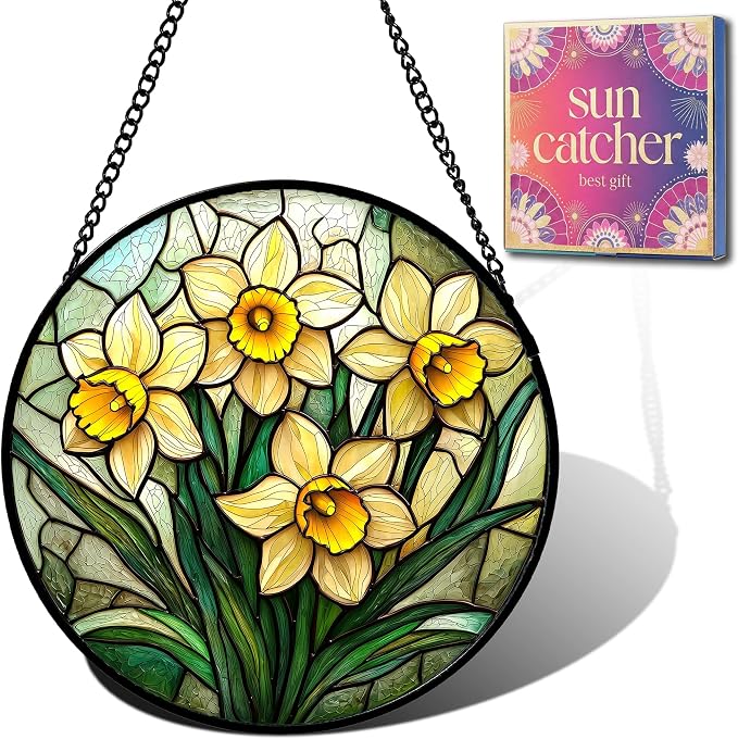Birthday Gifts for Women - Yellow Daffodils Faux Stained Glass Window Hanging Sun Catcher for Door Garden Acrylic Decor Mother's Day Christmas for Mom Men Nana Grandma Sisters 7.8"