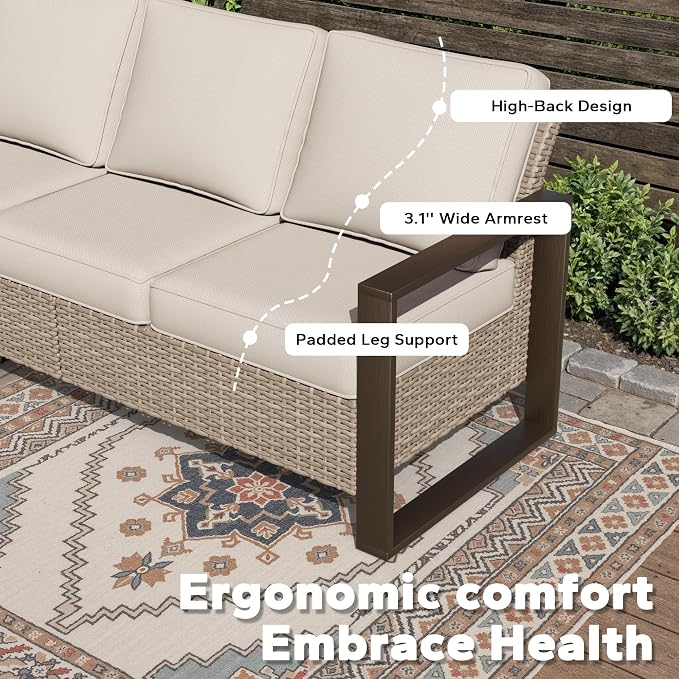 Joyside Outdoor Patio Wicker Sofa, 3-Seater Rattan Sofa with Thick Olefin Cushions and Metal Steel Rectangular Framed Armrest -Looking Metal Armrest Suitable for Garden, Backyard, Porch, Deck, Beige