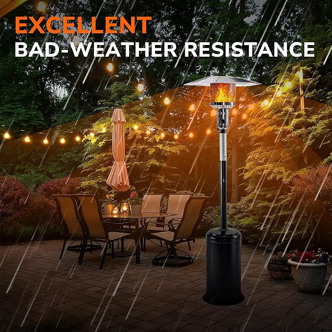 HEXAGO Outdoor Propane Patio Heater, 47,000 BTU Stainless Steel Standing Heater with Wheels, One-Touch Ignition & Adjustable Heat Control, Safety Auto Shut-Off System for Garden, Backyard & Restaurant
